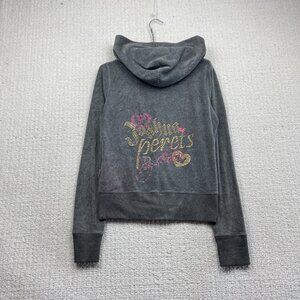 Y2K Joshua Perets Full Zip Hoodie Gray Velour Wom Sz M Pink / Gold Read